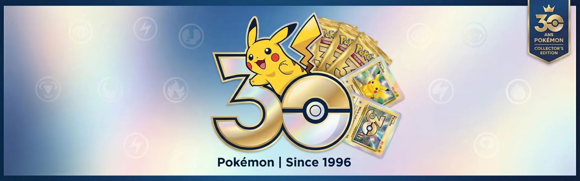 Bannière Pikachu garanti par booster 30 ans Célébrations